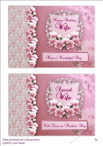 Two floral card toppers, Wife  Birthday & Mothers Day
