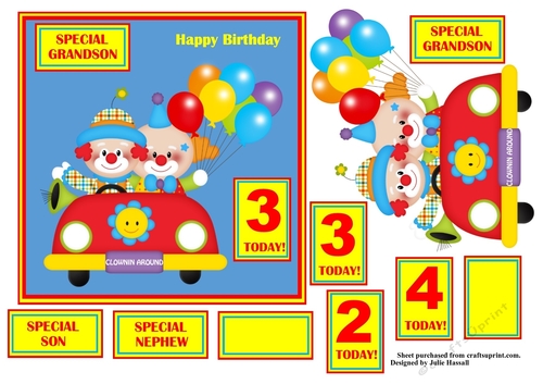 Clowns driving birthday card with relatives and ages
