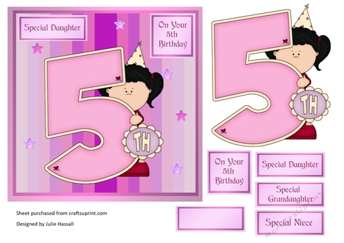 5th Birthday card with large numeral and little girl
