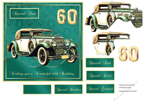 60th Birthday card front with Vintage MG & decoupage. Family tags