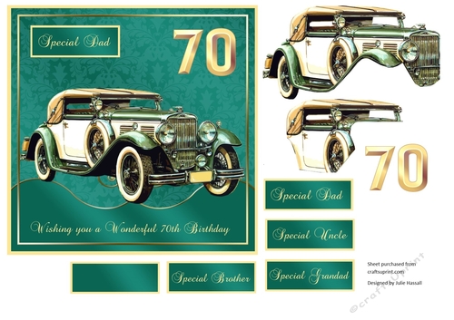 70th Birthday card front with Vintage MG & decoupage. Family tags
