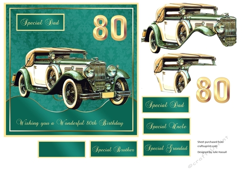 80th Birthday card front with Vintage MG & decoupage. Family tags