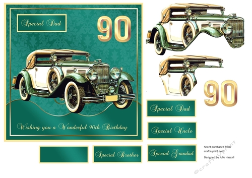 90th Birthday card front with Vintage MG & decoupage. Family tags