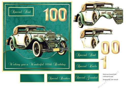 100th Birthday card front with Vintage MG & decoupage. Family tags