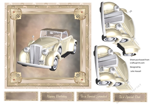 Vintage car birthday card front with decoupage & choice of tags