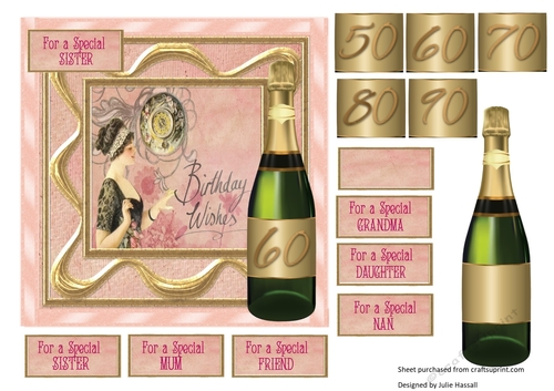 Milestone birthday card with vintage lady & champagne
