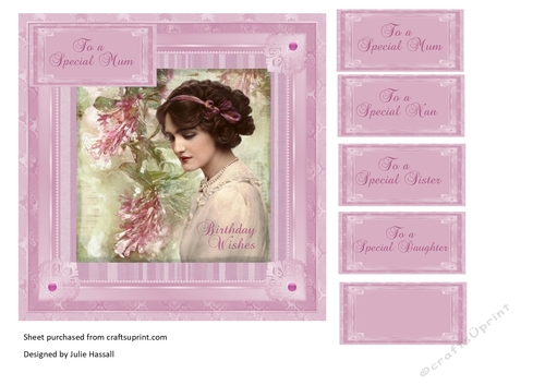 Vintage Lady card front with family tags