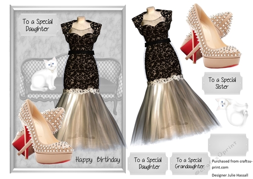 Ladies birthday card with evening dress, high heels and cat with family tags