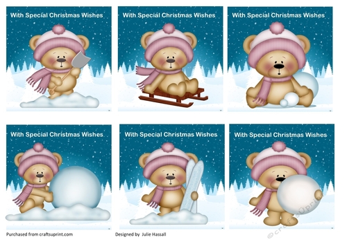 Winter teddies Christmas card toppers. Set of 6