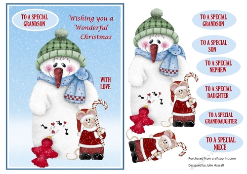 Christmas snowman & mouse with decoupage & family tags