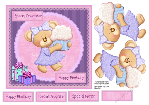 Cupcake Teddy Birthday card front with decoupage & family tags