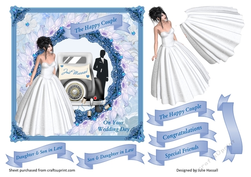 Wedding Day card with 3D bride and wedding car