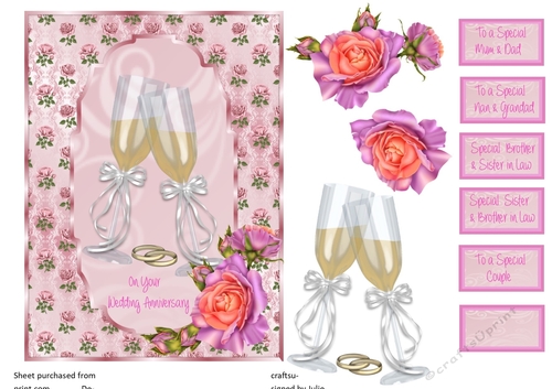 Wedding Anniversary card front with pink roses and champagne glasses