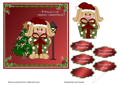 Christmas Bunny holding gift with sentiment tags