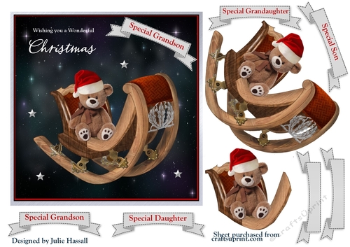 Teddys Sleigh Christmas card with decoupage and family tags