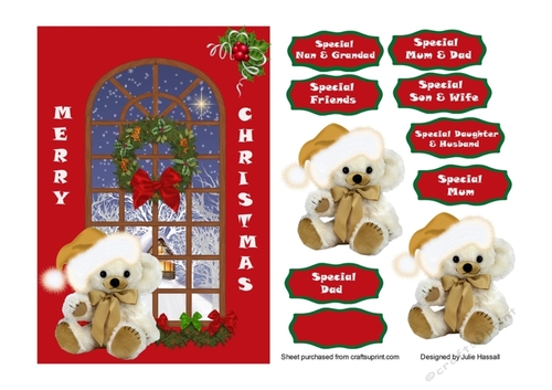 Teddy Xmas Window card front with family sentiments