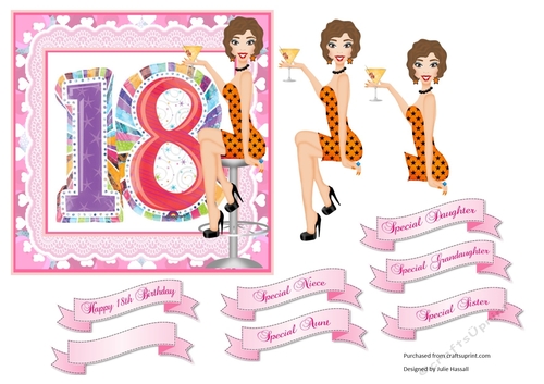 18th Birthday card front with party girl & family banners