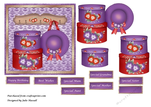 Female birthday card with decoupage hat & boxes