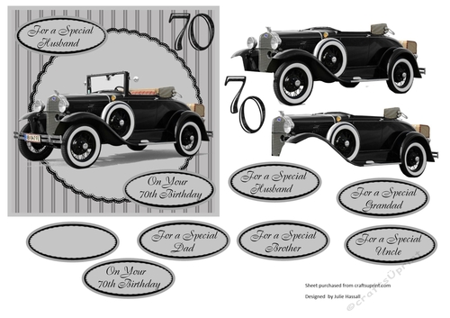 70th Birthday card front with decoupage vintage Ford convertible car & family tags
