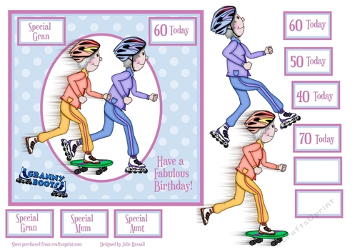 Granny Boots Milestone birthday card front with skating ladies & choice of sentiments
