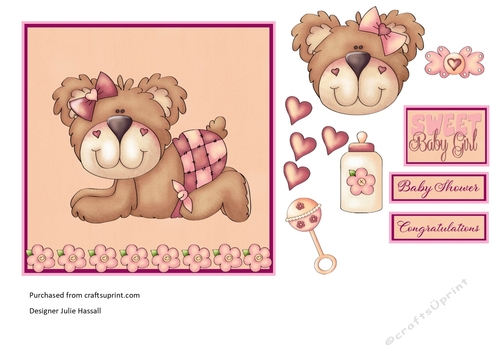 Baby Girl / Baby Shower / Congratulations card front with cute baby bear 