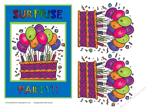 Surprise party invitation card front with decoupage birthday cake
