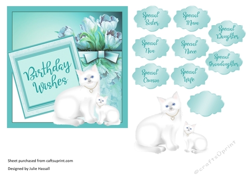White cat & kitten floral birthday card topper with family sentiments