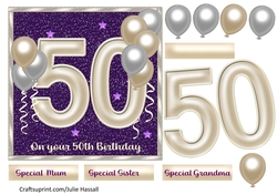 50th birthday card front with large numerals and balloons