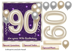 90th birthday card with large numerals & balloons