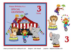 Birthday Card for Grandson Age 3 with Circus Scene