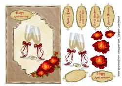 Anniversary Card with Champagne Glasses and Red Gold Roses