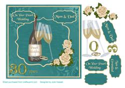 Pearl Wedding Card with Champagne Glasses & Ivory Roses