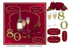 Mum 80th Birthday Card with Champagne & Roses