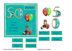 50th Birthday Card with Champagne, Gift & Balloons