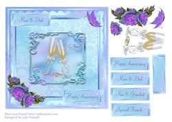 Wedding Anniversary Card with Champagne, Roses & Butterfly
