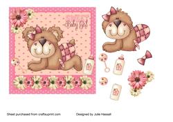 Baby Girl Card with Cute Teddy, Bottle and Rattle