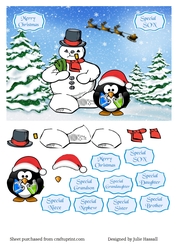 Christmas card with cute snowman and penguin with decoupage