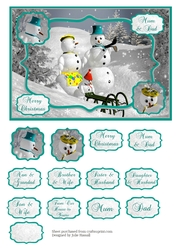 Christmas card snowman scene with family tags