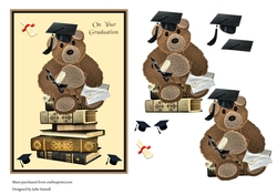 Graduation card with teddy, books, mortar board and certificate