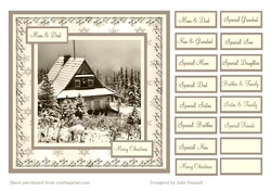 Christmas card front with winter scene and family tags