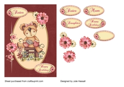 Birthday card for female relatives with teddy bear gardener