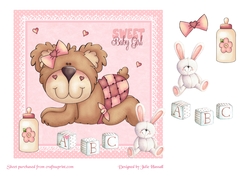 Baby girl card with cute teddy, bunny and bottle