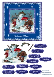 Christmas card with vintage children and snowman