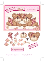 New Baby twins card with teddy bears, bottle, flowers, rattle, bow & soother
