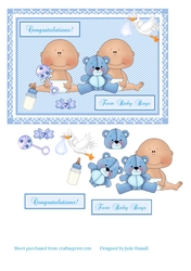 Baby Boy Twins card with 3D teddy, rattle, stork & soother