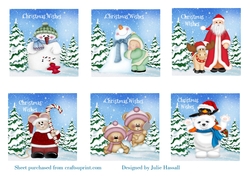 Sheet of 6 cute winter toppers with snowmen, santa, reindeer, bears and mouse