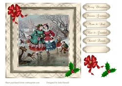 Christmas card with vintage skating scene and family tags