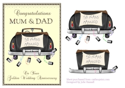 Golden wedding anniversary card for Mum & Dad with wedding car and trailing cans