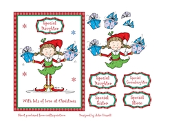 Christmas card with cute elf carrying gifts with decoupage