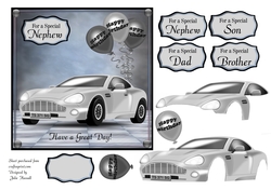 Birthday card with sports car decoupage , balloons and choice of family sentiments